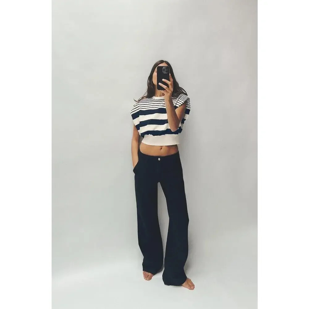 NEW ZARA Women’s Size‎ 4 Blue Wide-Leg Chino Trousers NWT